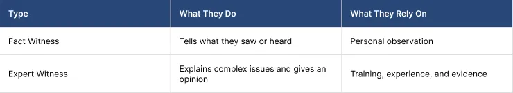 Expert Witness vs Fact Witness Table