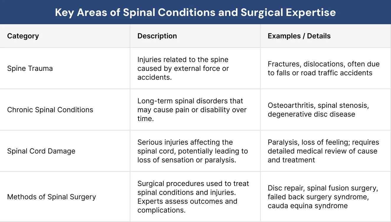 Key Areas of Spinal Conditions and Surgical Expertise