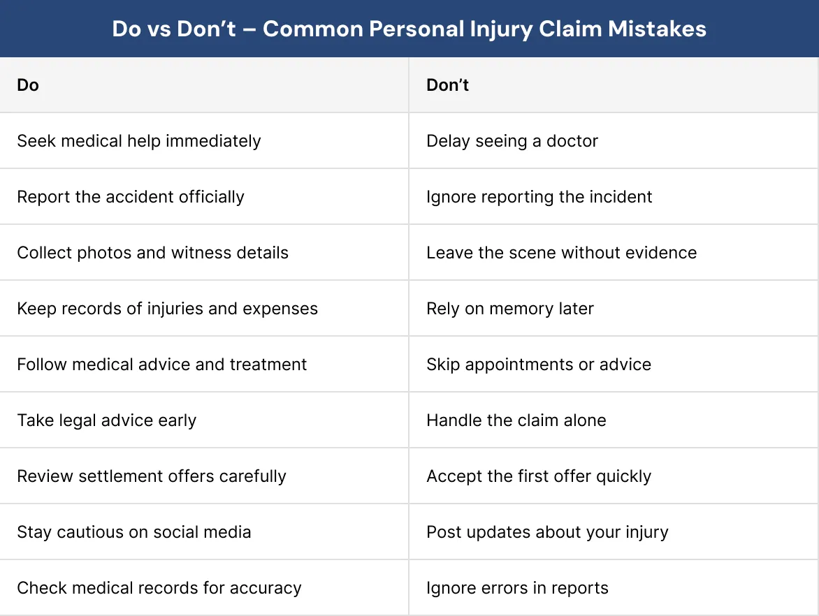 Do vs Don’t Common Personal Injury Claim Mistakes